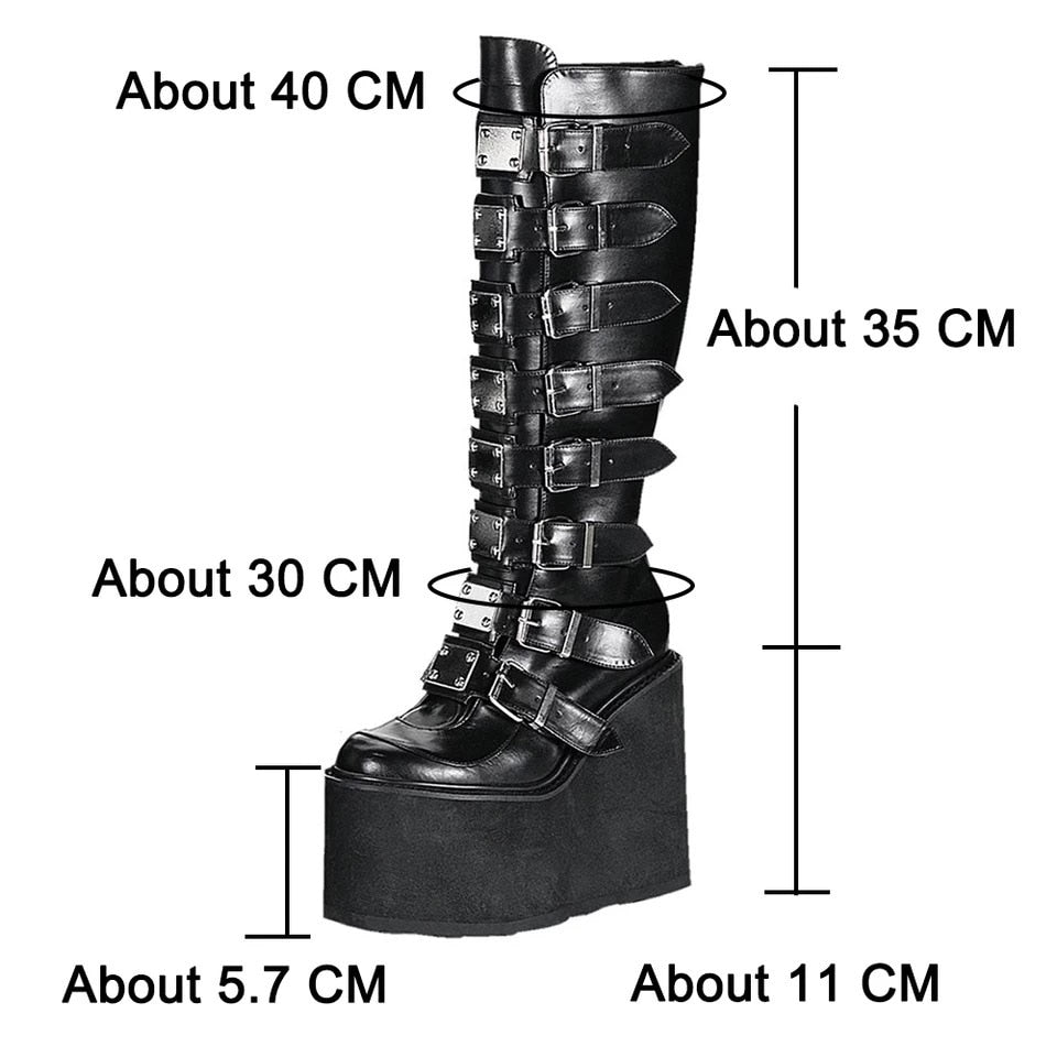 Women Knee High Boots Gothic Platform 2022 Creepers Punk Winter Goth Black High Heels Sexy Ladies Shoes Plus Size 41 42 43